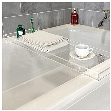 Bandeja acrílica de lujo para bañera con divisor de bandeja extensible y diseño antideslizante, estante organizador de baño blanco para copas de vino, libros y artículos esenciales para el hogar, 82 x
