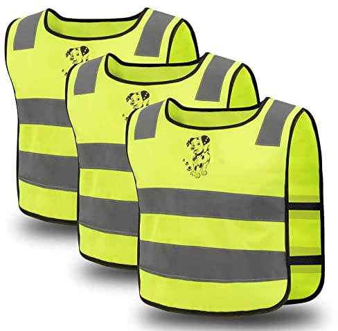 BOUTIKS Gilet de Sécurité Enfant avec Mignon Motif Chien - Haute Visibilité (Lot de 3) - Gilet Réfléchissant pour École, Maternelle & Loisirs - Taille Unique 5-12 Ans