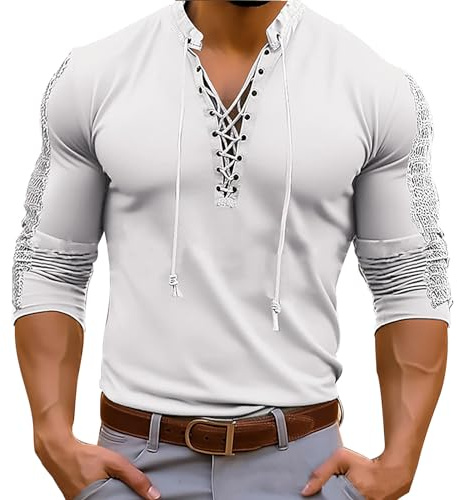 UHouse Henley Homme Manche Longue Basique Teeshirt Décontracté Tee Shirt Boutonné Teeshirts Col Tunisien Haut Tennis Habit Fin Cut Vetement Sport T-Shirts Blanc M