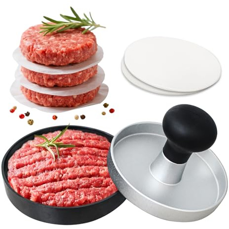 Burger Press Patty Maker Stainless Steel Hamburger Patty Press Mold Wood Handle Non-Stick with 100 Patty Papers,BBQs, and Cooking – Perfect for Flattening Patties and Searing Juicy Burgers