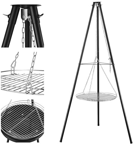 Gregman Roast 30 Schwenkgrill mit Feuerschale – Dreibein für Feuerschale – Holzkohlegrill 2in1 mit höhenverstellbarem Grillrost – Faltbarer Gartengrill für Terrasse und Camping – Schwarz