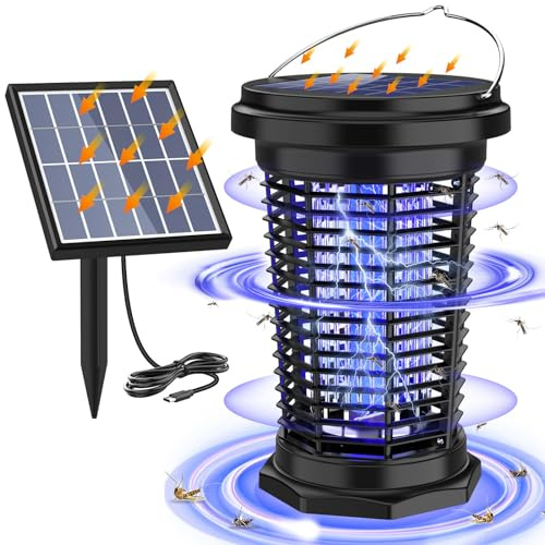 PALONE Lampe Anti Moustique Solaire 4500V, Tue Mouche Electrique Rechargeable USB C avec Panneau Solaire 5.5W/5V et Câble Extra-Long pour Intérieur et Extérieur