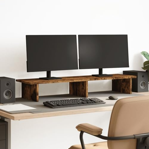 Kaloriko Monitorställ rökek trämaterial 100 x 27 x 15 cm, PC-stativ med hög lastkapacitet, hylla och förvaringsyta för två bildskärmar, ergonomiskt för kontor och hemmakontor