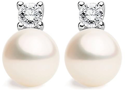 Orecchini di Perle Coltivate d'acqua dolce a forma di Bottone 10-11 con piccoli Zirconi SECRET & YOU. Design Tu ed Io - Argento sterling 925 rodiato con grandi dorsi o Omega B.