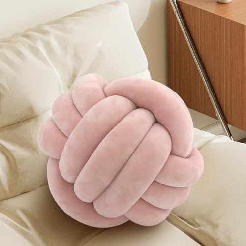 Knot Pillow Ball, Handmade Decorative Throw Pillow, Soft Round Knotted Cushion for Couch & Bedroom, Cute Home Decor, Braided Pillow for Living Room (7.87 Inches, Pearl Pink)