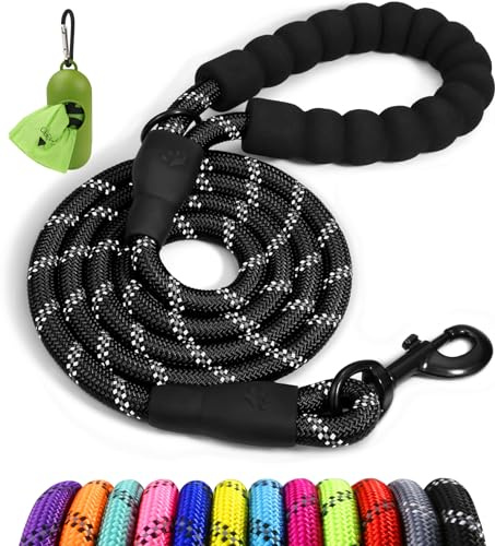 Taglory Hundkoppel med bekvämt vadderat handtag, robust, för träning och promenader, 180 × 1,0 cm, reflekterande, av mjuk nylon, för medelstora hundar, svart