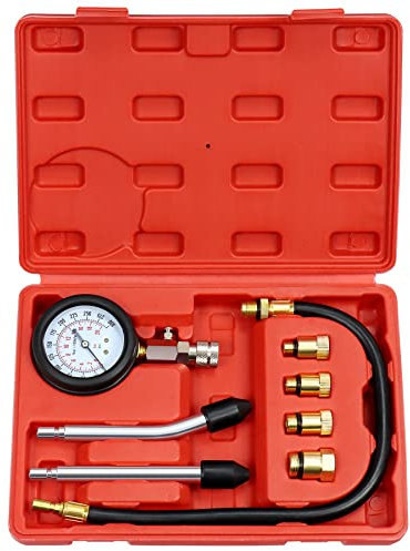 JoyFans 0-300 PSI Compression Tester Automotive Tool, Petrol Gas Engine Cylinder Pressure Test Kit with Gauge Adapter M10 M12 M14 M18 for Small Engine Cars Motorcycles Trucks SUVs Red