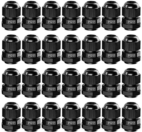 GUUZI 28st PG11 Kabelgenomföring, IP68 Vattentät Plast Justerbar 5-10 mm Kabelförskruvningar med Packningar (Svart)