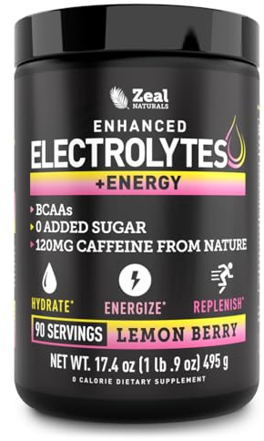 Electrolytes Powder with Caffeine - Enhanced Keto Energy & Hydration Drink Mix - Zero Sugar Electrolyte Powder w BCAAs B-Vitamins Potassium Zinc Magnesium - (90 Servings | Lemon Berry)