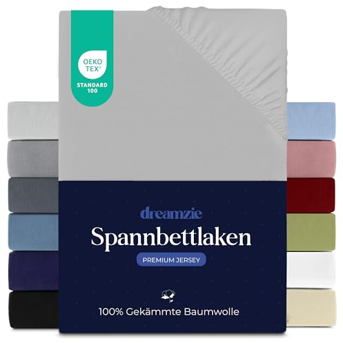 Dreamzie Premium Spannbettlaken 90x200 cm, Spannbetttuch für Dicke Matratzen bis zu 22 cm, Bettlaken 100% Jersey Baumwolle, 150 g/m², Oeko-TEX Zertifiziert - Grau