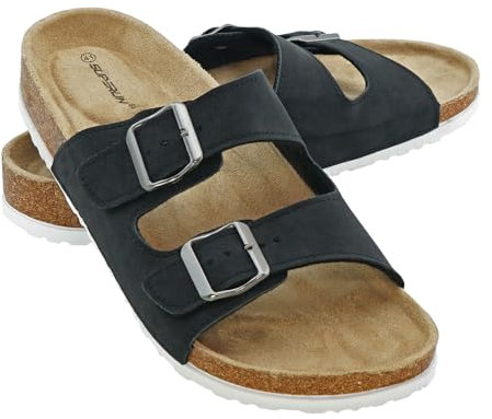 + Pantoletten Sandalen Hausschuhe Schlappen Clogs Kork Fußbett Gr. 36-46 (Black, EU Schuhgrößensystem, Erwachsene, Numerisch, M, 44)