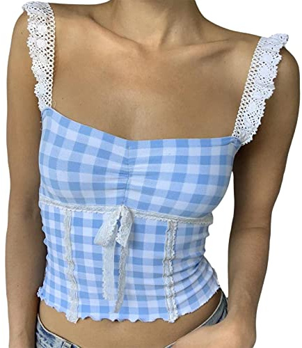 RUIWANBBY Women Y2k Plaid Square Neck Tank Top Spaghetti Strap Lace Trim Cami Tops Sleeveless Going Out Tank Vest Streetwear