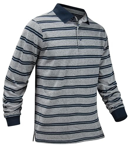TAPULCO Rugby Shirts for Men Long Sleeve Knit Classic Stripe Casual Business Work Collared Camping Travel Tshirts Grey Navy XX-Large