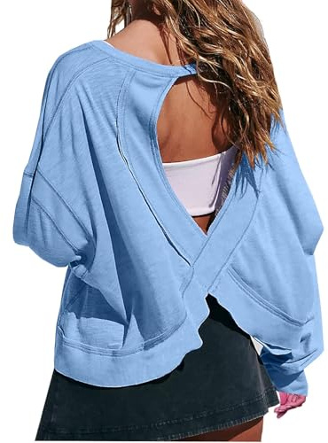 Zeiayuas Backless Tops for Women UK Open Back Workout Top Backless Long Sleeve Athletic Shirt Running Crop Top Gym Yoga Tee Shirt Ladies Casual Loose Fit Pullover Blouses