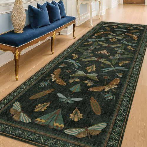 Hazo Haus 8 ft Long Hallway Runner Rug - Boho Green Rug for Kitchen Floor, Entrance Indoor, Washable Wide Runner Non Slip, Dark Green 2'6''x8'