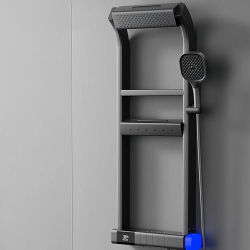 LED Shower Panel Tower System with Shelf, Rainfall Shower Head and Rain System with Body Jets, Space Aluminum Bathroom Fixtures, Thermostatic Shower System Faucet Sets, Grey