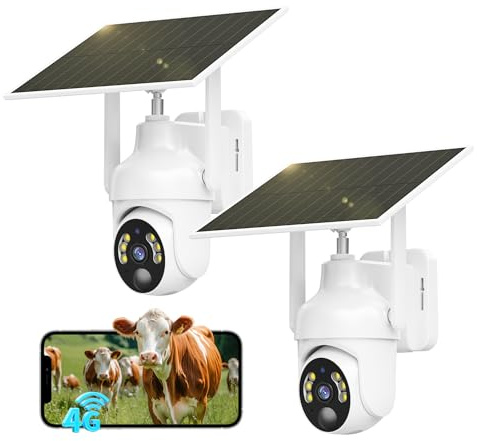 SEHMUA 4G LTE Camara Vigilancia Exterior con Panel Solar, 2K 360° PTZ Camara con Tarjeta SIM Inalámbrica, PIR Detección de Movimiento, Visión Nocturna en Color, Audio Bidireccional, IP66, 2 Unidad