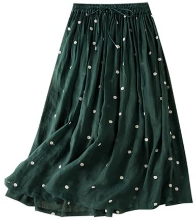 Langer Rock Damen, Leinen Sommerrock Damen Leicht und Luftig Röcke Sommer Plissee Maxirock mit Elastische Taille und Kordelzug Faltenrock Boho Strandrock Einfarbig Retro Punkte-Muster Leinenrock