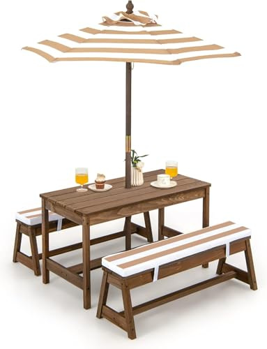 GOPLUS Conjunto 4 en 1 de 1 Mesa +2 Banco +1 sombrilla para niños, Mesa de Actividades y Banco de Madera de Abeto para niños, Conjunto de Muebles portátiles de Exterior para 4 Personas (Café)
