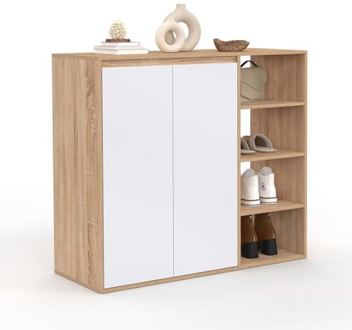 IDMarket - Zapatero TOMI de 12 puertas, 2 puertas con 4 estantes, acabado en imitación de haya y blanco