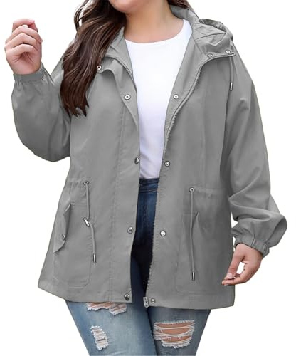 Generisch Giacca impermeabile da donna giacca a vento impermeabile impermeabile impermeabile leggero casual con cappuccio per escursioni viaggi primavera autunno cappotto piumino leggero, grigio., 4XL