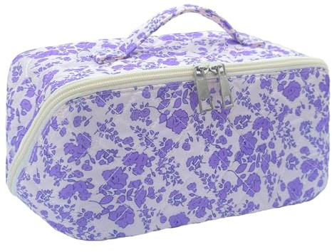 WYJ Purple Large Quilted Floral Makeup Bag Cute Coquette Aesthetic Cosmetic Bag Open Flat Travel Toiletry Make up Bag for Women