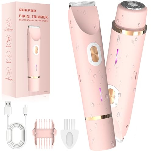 SURFOU Rasoio Elettrico Donna 2 in 1, Rasoio Intimo e Viso, Doppia Testina, Ricaricabile, Impermeabile IPX7, Uso Bagnato e Asciutto, Trimmer per Bikini, Ascelle, Gambe e Braccia