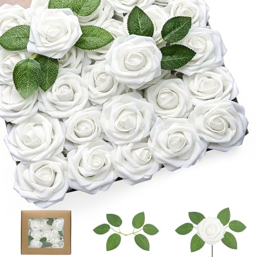 PANYI 25 Künstliche Rosen Schaumrosen DIY Hochzeitsstrauß Weiße Rosen Geeignet für Hochzeit Valentinstag Dekoration, Blumenarrangement, Partyarrangement, Heimdekoration (Weiß)