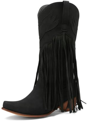 ENEN Santiag Femme Bottes Daim Western Bottes Cowboy Femme Talon Haut Mi-Mollet Chaussures Décontractées À La Mode Pompons Boots Santiag Cowboy femmes Basse Boucle Taille 34-45
