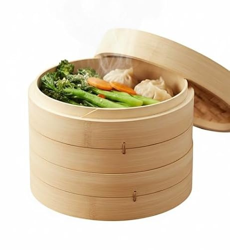 Cesta Vaporera de Bambú Natural 18 cm - Cocina Saludable Asiática con 2 Pisos y Tapa para Dim Sum, Bao, Pescado Carne y Verduras