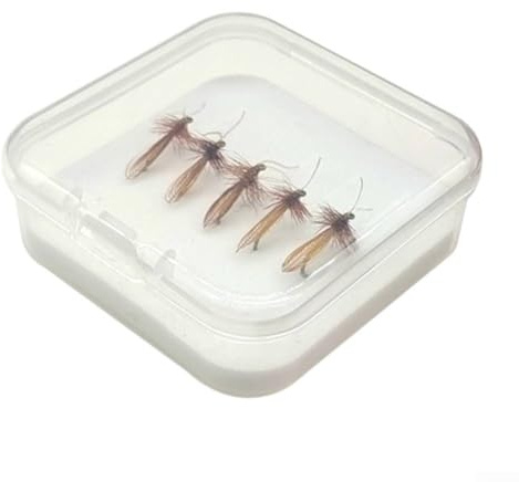 Yuanpgky Paquete de 5 señuelos de mosca de trucha, cebos de imitación para pesca en agua dulce y salada, juego de señuelos realistas con ganchos de púas, caja de almacenamiento impermeable (amarillo)