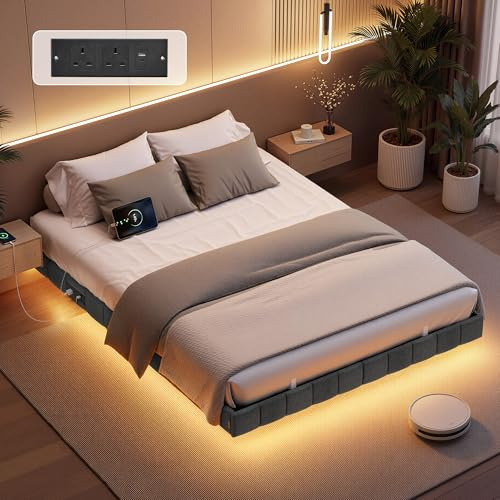 VASAGLE Lit Flottant 140 x 190 cm, Capitonnage Doux, Éclairage LED, Multiprise, 2 Prises CA, 1 Port USB-A, 1 Port Type-C, 1 Port USB-A à l’Arrière, Supporte Jusqu'à 500 kg, Gris Ardoise RMB163G101