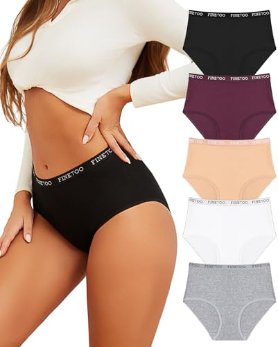 FINETOO Cotton Underwear Women,Mid-Rise High Waisted Fit Knickers,Full Briefs Multipack,5 Pack Ladies Panties with Sporty Branded Waistband,Soft Stretch Slight Tummy Control,S-2XL