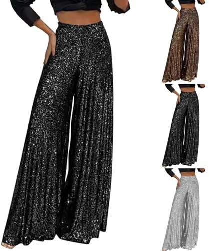 Glitterbyxor dam enfärgade – dambyxor med paljetter, sommarbyxor, hög midja, karnevaler, festbyxor, raka ben, party, klubb, kostym, eleganta utsvängda ben, marlenebyxor, svart, 3XL