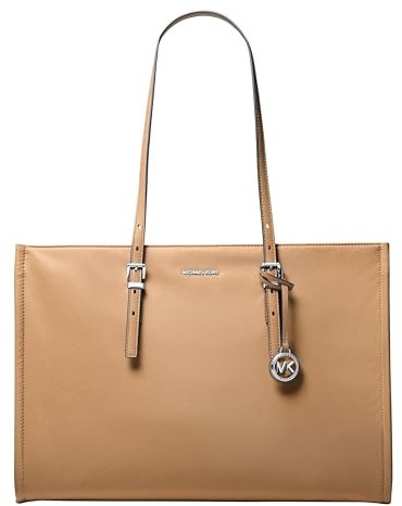 Michael Kors Women's Zadie Large Top-Zip Tote, Silver-Tone Hardware/Milano Nylon, Peanut