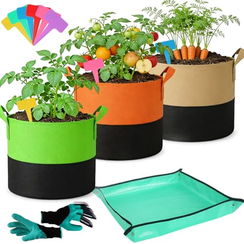 CHMMY Bolsa de cultivo de patatas, 3 unidades de 10 galones con guantes de jardín, alfombrilla de jardín y 6 etiquetas para plantas, bolsas de plantas para patatas, verduras, flores, plantas en el