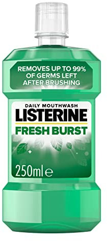Listerine Fresh Burst Fluoride Antibacterial Mouthwash (250ml), Helps Kill Up to 99% of Germs Left after Brushing and Reduce Plaque, Mouthwash to Freshen Breath and Maintain Healthy Gums