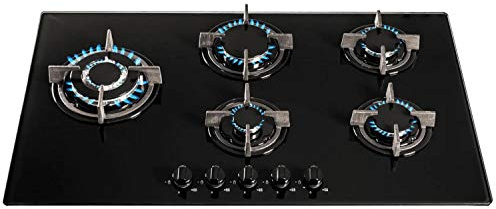 SIA GHG902BL 90cm Black Glass 5 Burner Gas Hob With Cast Iron Pan Stands & Wok Burner | LPG Kit, FFD