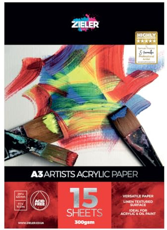 Zieler® - Bloc de pintura acrílica y al óleo, 260 g/m², 15 hojas, superficie texturizada de lino y sin ácidos Ideal para acrílico y pintura al óleo. Fabricado en Reino Unido., papel, A3
