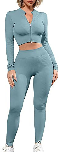 Women Yoga Outfit Fitness Sportswear Suit 2 Piece Seamless Long-Sleeve Full Zip Crop Top+High Waist Running Legging Sets(Blue,S)