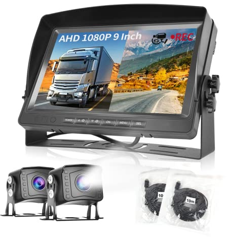 Dual RV Backup Camera System 1080P, Hodozzy 9 Inch AHD Reversing Camera Monitor Wired IP69 Waterproof Full Color Night Vision Loop Recording Car Reversing Rear View Camera for Truck/Trailer/RV 12-35V