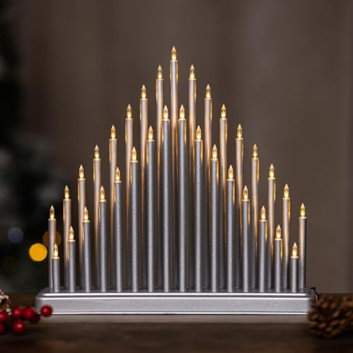 Marco Paul - Puente de vela de Navidad plateado – 33 velas LED de color blanco cálido que funciona con pilas – Arco grande de vela de Navidad para alféizar de ventana, chimenea o chimenea – Decoración
