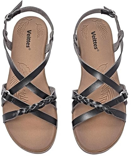 Veittes Sandales plates décontractées pour femmes, bride croisée tressée mode, bretelles ajustables à la cheville, sandales d’été à bout ouvert