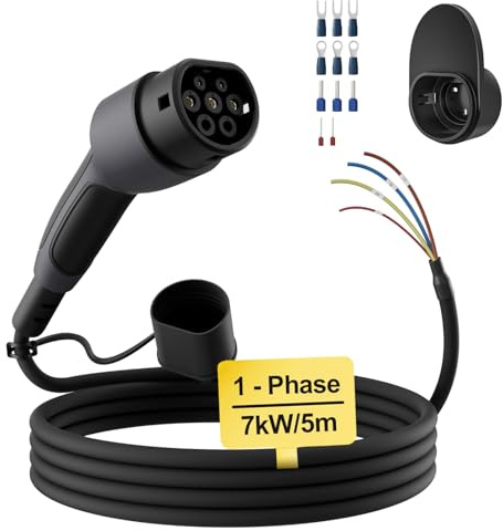 dé Cable de Carga Tipo 2 de Extremo Abierto 7kW [1-Fase|5m|32A] para Wallbox/Cable de reemplazo para estación de Carga