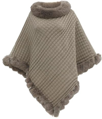 JFAN Ponchos Mujer Capas de Punto Invierno Cálido Elegante Chal con Cuello Redondo Capa de Piel Sintética Térmica para Otoño e Invierno Caqui