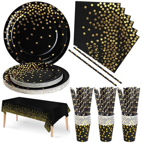 Nkaiso Vajilla de Fiesta,126 Piezas Negro Puntos Dorados Set de Juego de Platos y Cubiertos, cubertería de cartón, Vasos y servilletas,para cumpleaños,Aniversarios -25 Invitados