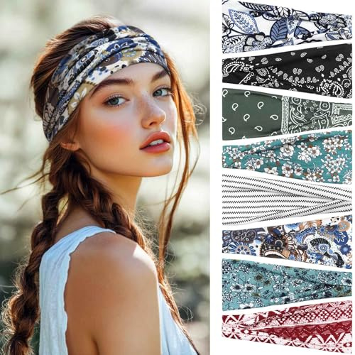 BELEVO 8 Pcs Diadema Mujer, Elástico Diademas Pelo Mujer Deporte Cinta Pelo Absorbente del Sudor Cinta para El Pelo Antideslizante Headband Adecuado Yoga Fitness