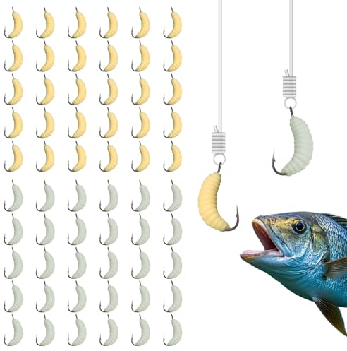 60pcs Rubber Maggot Fishing Lures with Hooks – 30pcs Regular + 30pcs Luminous Glow Worms, 22mm Artificial Baits for Trout, Sunfish, Bluegill, Carp & Freshwater Fishing, Soft Bait Bulk Set