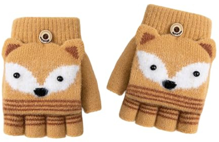 Gants sans doigts pour enfants, unisexe, motif de renard, en peluche, pour l'hiver, mitaines chaudes, en tricot avec boutons, pour garçons et filles de 5 à 10 ans, jaune, taille unique