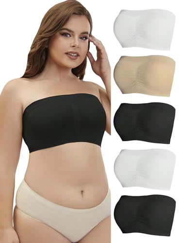 MakeMeChic Women's Plus Size 5 Pieces Ruched Front Strapless Bra Seamless Stretchy Bandeau Tube Top Bra Set Multicolor 4X-Large Plus